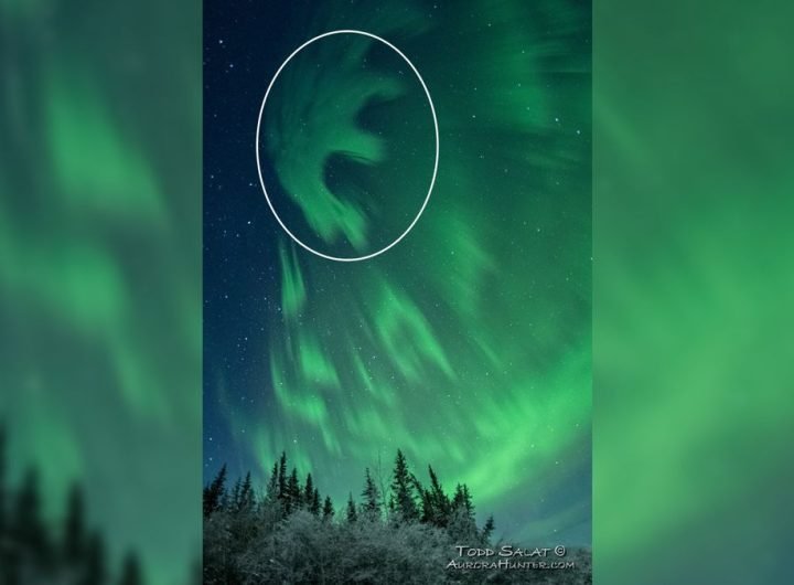 Extremely rare, black 'anti-auroras' paint luminous 'letter E' above Alaska