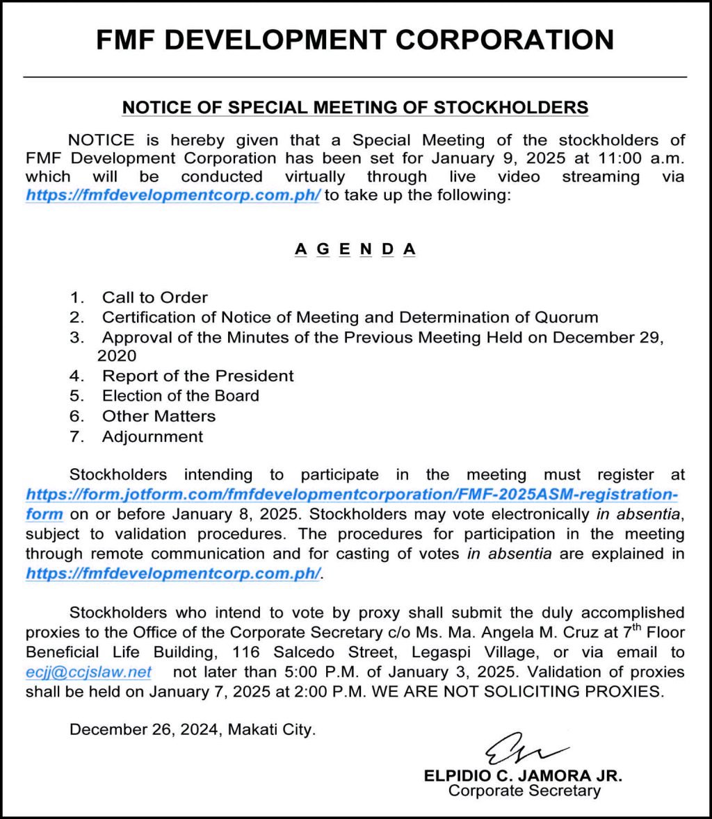 FMF Development Corp. sets virtual Special Meeting of Stockholders on Jan. 9