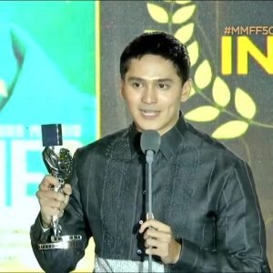 'Green Bones' actor Ruru Madrid receives the Best Supporting Actor award at the Metro Manila Film Festival 2024 Gabi ng Parangal on Friday, December 2