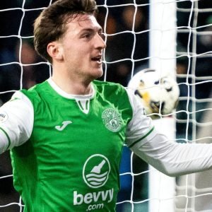 EDINBURGH, SCOTLAND - DECEMBER 14: Hibs Josh Campbell celebrates after scoring to make it 3-1 during a William Hill Premiership match between Hibernian and Ross County at Easter Road, on December 14, 2024, in Edinburgh, Scotland. (Photo by Paul Devlin / SNS Group)