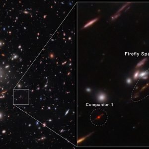 split image showing many bright points on the left, stars and galaxies, with a white box around a faint object, enlarged on the right as a blurry stream of lights circled in a white dotted line.