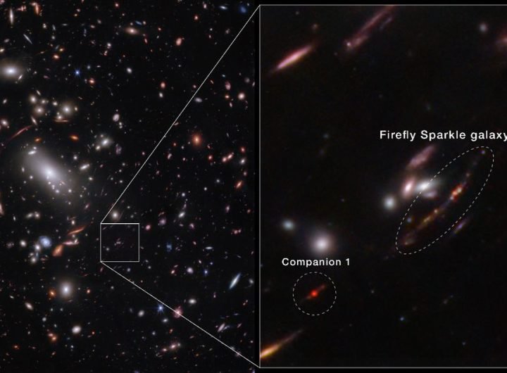 split image showing many bright points on the left, stars and galaxies, with a white box around a faint object, enlarged on the right as a blurry stream of lights circled in a white dotted line.