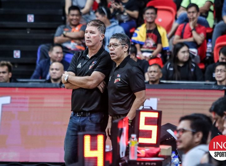 Former and returning San Miguel coaches Jorge Gallent and Leo Austria during a PBA game.