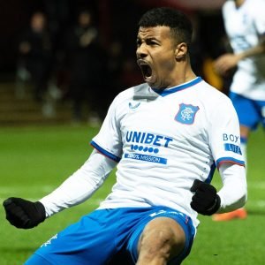 MOTHERWELL, SCOTLAND - DECEMBER 29: Rnagers Hamza Igamane celebrates after scoring to make it 2-2 during a William Hill Premiership match between Motherwell and Rangers at Fir Park, on December 29, 2024, in Motherwell, Scotland. (Photo by Craig Foy / SNS Group)