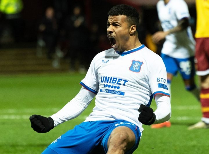 MOTHERWELL, SCOTLAND - DECEMBER 29: Rnagers Hamza Igamane celebrates after scoring to make it 2-2 during a William Hill Premiership match between Motherwell and Rangers at Fir Park, on December 29, 2024, in Motherwell, Scotland. (Photo by Craig Foy / SNS Group)