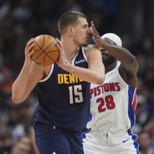 Denver Nuggets center Nikola Jokic,  NBA vs Pistons