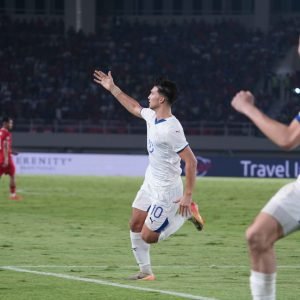 Bjorn Kristensen celebrates a late goal that sent the Philippines to the Asean Mitsubishi Electric Cup semifinals.