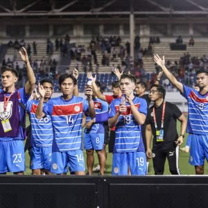 FILE–The Philippine men's football team during a Asean Mitsubishi Electric Cup match.