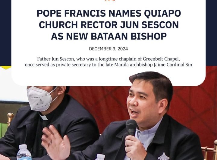 Pope Francis named Father Rufino “Jun” Sescon Jr., rector of Quiapo Church, as the new bishop of the Diocese of Balanga in Bataan.