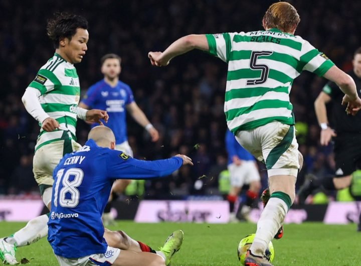 GLASGOW, SCOTLAND - DECEMBER 15: Celtic's Liam Scales (R) pulls down Rangers' Vaclav Cerny at the edge of the penalty box during the Premier Sports Cup Final between Celtic and Rangers at Hampden Park, on December 15, 2024, in Glasgow, Scotland. (Photo by Craig Williamson / SNS Group)