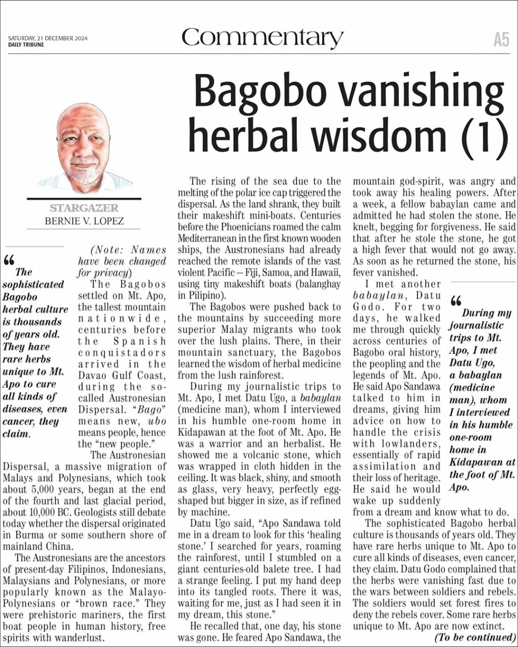 The Bagobos settled on Mt. Apo, the tallest mountain nationwide, centuries before the Spanish conquistadors arrived in the Davao Gulf Coast, during th