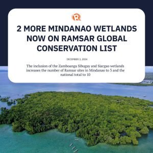 Two wetlands in Mindanao, one in the Caraga region and another in the Zamboanga Peninsula, have been added to the Ramsar Convention’s list of wetlands