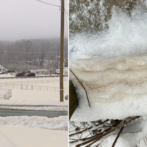 What caused brown snow in Maine, prompting a warning to 'avoid direct skin contact'?