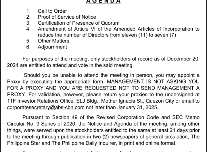 ABS-CBN Corporation to hold Special Stockholders’ Meeting on Feb. 11