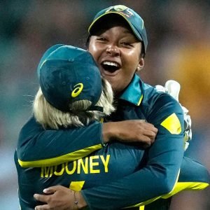 Australia's Alana King and Beth Mooney celebrate retaining the Women's Ashes against England (Associated Press)