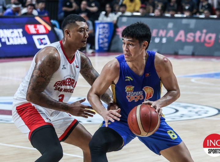 Calvin Oftana goes up against Jamie Malonzo during a game between TNT Tropang Giga and rival Barangay Ginebra Gin Kings in the PBA Commissioner