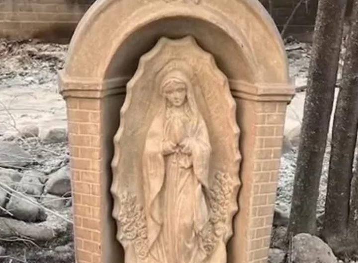 Despite the devastating LA wildf*res, a Virgin Mary statue remains untouched, symbolizing faith for the Halpin family.