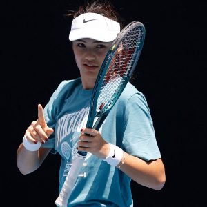 Emma Raducanu of Great Britain gestures during a practice session ahead of the 2025 Australian Open at Melbourne Park on January 10, 2025 in Melbourne, Australia. (Photo by Daniel Pockett/Getty Images)