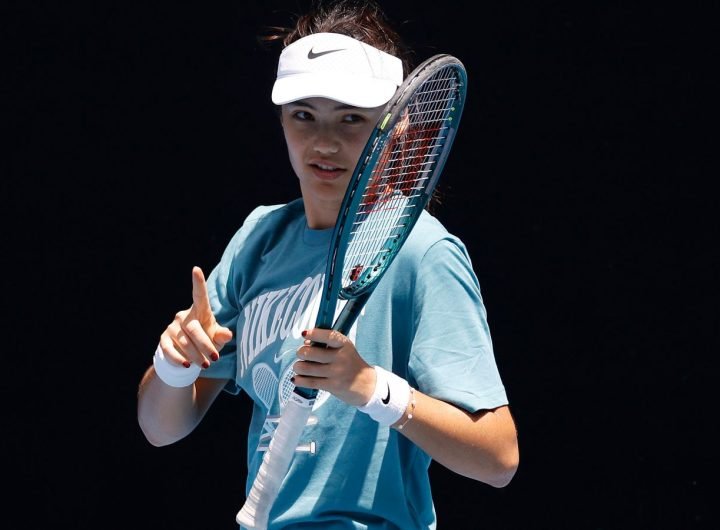 Emma Raducanu of Great Britain gestures during a practice session ahead of the 2025 Australian Open at Melbourne Park on January 10, 2025 in Melbourne, Australia. (Photo by Daniel Pockett/Getty Images)