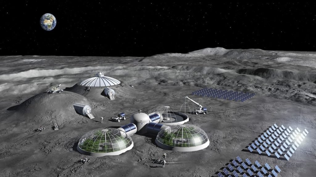 Two domes and one under construction are connect by short tubes on the grey surface of the moon. Neighboring the their upper left, two additional domes, like mounds covered with moon dust, and rows of solar panels on the right. Above in the black sky, Earth hangs upper left.