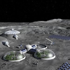 Two domes and one under construction are connect by short tubes on the grey surface of the moon. Neighboring the their upper left, two additional domes, like mounds covered with moon dust, and rows of solar panels on the right. Above in the black sky, Earth hangs upper left.