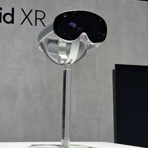 Headsets for Google’s mixed reality OS, Android XR, announced in December 2024, are on display at Unpacked 2025. A headset running on Android XR by Sa