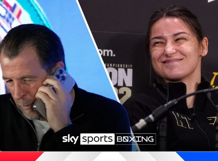 Natasha Jonas' trainer Joe Gallagher trolls Katie Taylor as his phone rings during his fighter's presser conference ahead of her battle against Lauren Price.