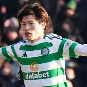 Kyogo Furuhashi celebrates after restoring Celtic's lead at Ross County