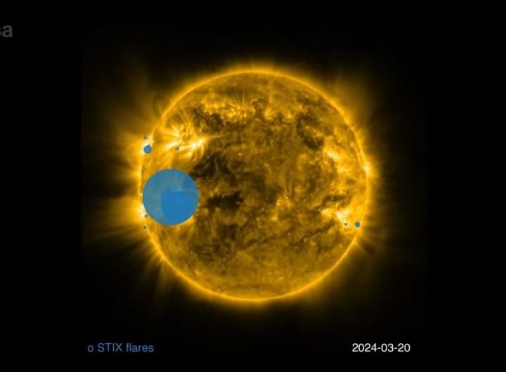 spacecraft photo of the sun, showing it as a mottled yellow sphere with two small blue spheres superimposed on it to represent solar flares