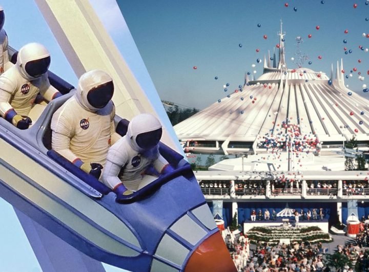 four spacesuited figures are shown in a ride vehicle opposite a photo of the opening day ceremony for Space Mountain at Walt Disney World