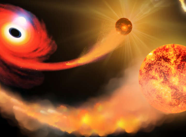 An illustration shows a star escaping consumption by a black hole as its binary partner is devoured