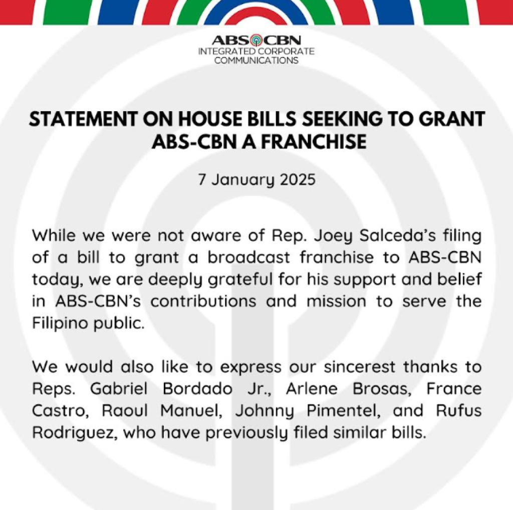 Statement on House Bills Seeking to Grant ABS-CBN a Franchise