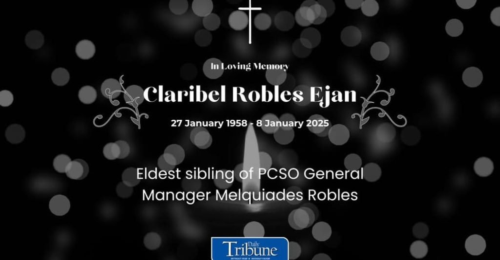 The Philippine Charity Sweepstakes Office (PCSO) on Wednesday announced the passing of Claribel Robles Ejan, eldest sibling of General Manager Melquia