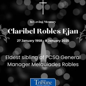 The Philippine Charity Sweepstakes Office (PCSO) on Wednesday announced the passing of Claribel Robles Ejan, eldest sibling of General Manager Melquia