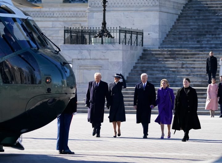 US President Donald Trump and first lady Melania Trump walk from the US Capitol building with former president Joe Biden and former first lady Jill Bi