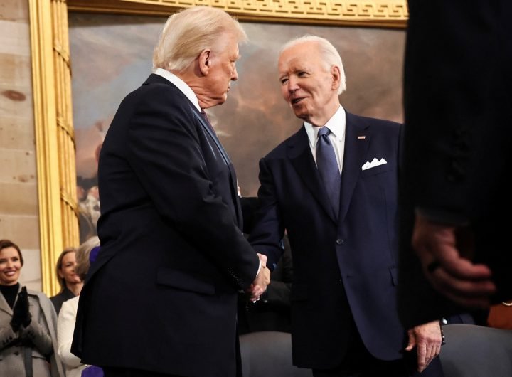 US President-elect Donald Trump greets outgoing President Joe Biden as he arrives for the inauguration ceremony in Washington. Photos by Chip Somodevi