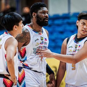 Zamboanga Valientes' Adonis Thomas, Forthsky Padrigao and Nic Cabañero during a game in the Dubai International Basketball Championship 2025.