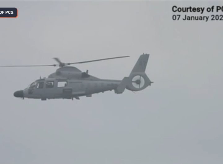 Video released by the Philippine Coast Guard shows a People's Liberation Army-Navy (PLA-N) helicopter hovering above PCG vessel BRP Cabra on Tuesday,