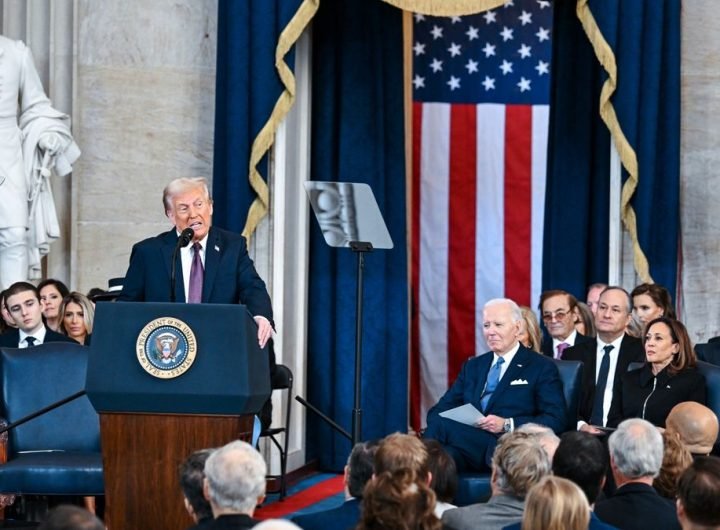 U.S. President Donald Trump speaks after being sworn in at his inauguration in the U.S. Capitol Rotunda on January 20, 2025 in Washington, DC.