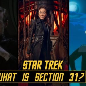 Split image showing three members of Section 31. Left: a Man with his hands together, only the fingertips touching; Middle: A woman in a black overcoat; Right: A cartoon man with purple hair. The image has the text &quot;Star Trek: What is Section 31?&quot; over the top.