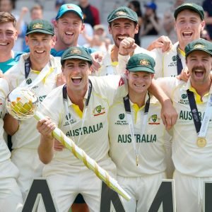 Australia celebrate winning the 2021-23 World Test Championship final (Associated Press)