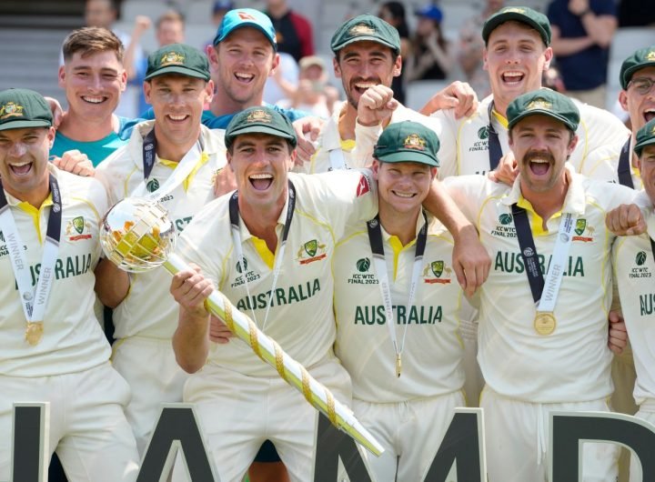 Australia celebrate winning the 2021-23 World Test Championship final (Associated Press)